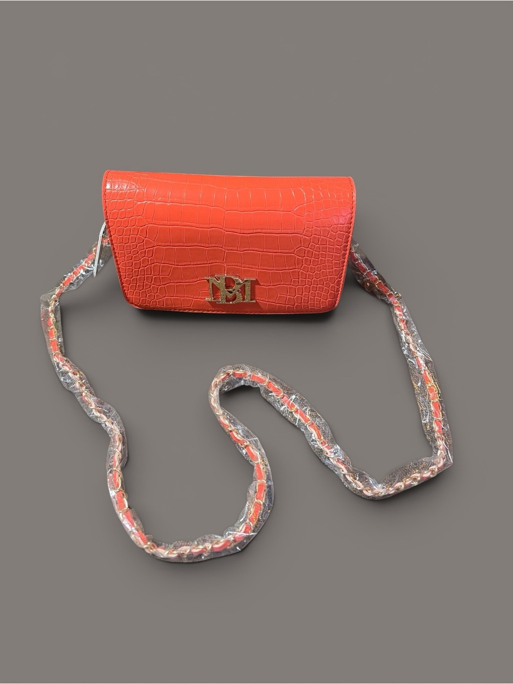 Badgley Mischka Orange Croc-Embossed Crossbody Bag with Gold Logo Accent